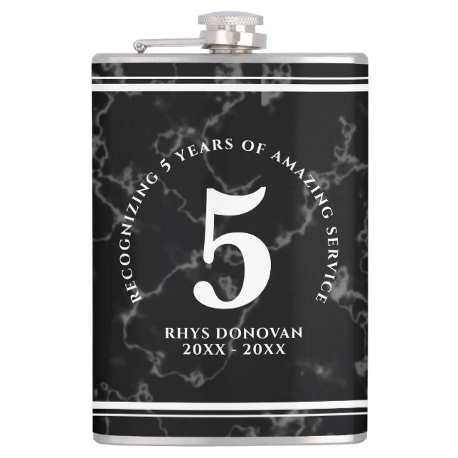 Elegant Black Marble 5 Years Work Anniversary Flask (Front)