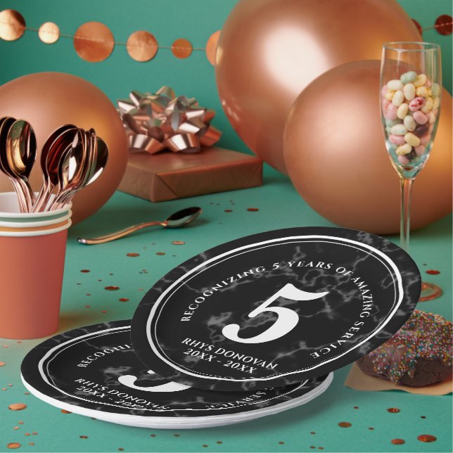 Elegant Black Marble 5 Years Work Anniversary Paper Plates (Multi)