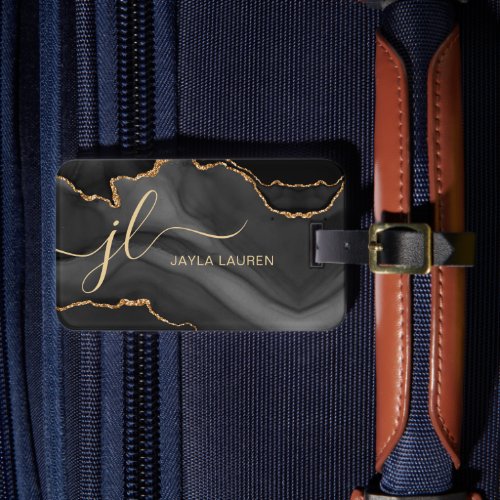 Elegant Black Marble Agate Monogram Custom Luggage Tag