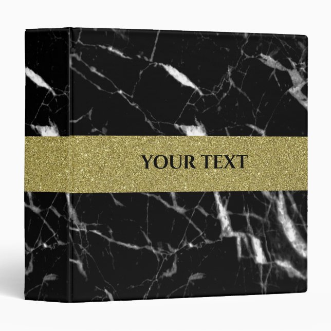Elegant black marble and glitter gold 3 ring binder (Front/Spine)