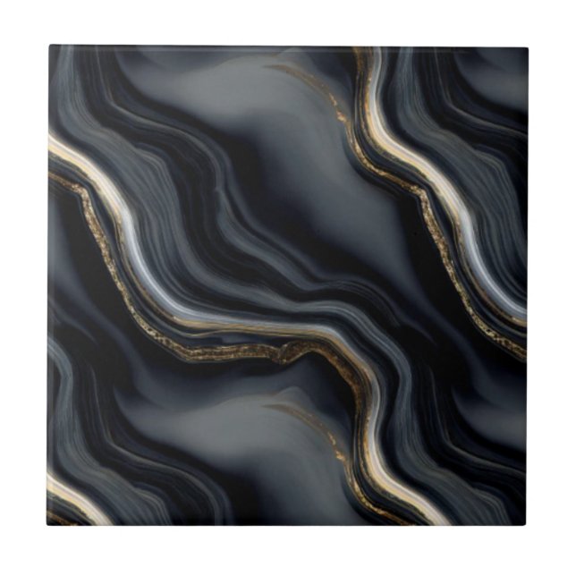Elegant Black Marble and Gold Veins Abstract  Ceramic Tile (Front)