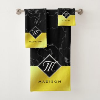 Elegant Black Marble & Brass / Brass Foil Monogram Bath Towel Set