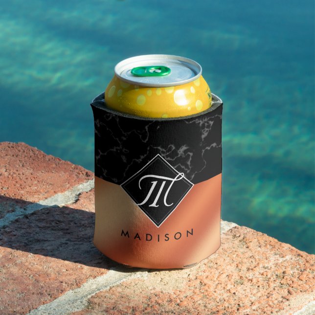 Elegant Black Marble & Bronze Foil Monogram Can Cooler (In Situ Pool)