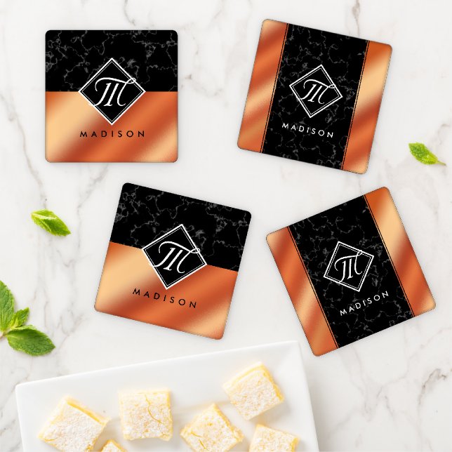 Elegant Black Marble & Bronze Foil Monogram Coaster Set (In Situ)