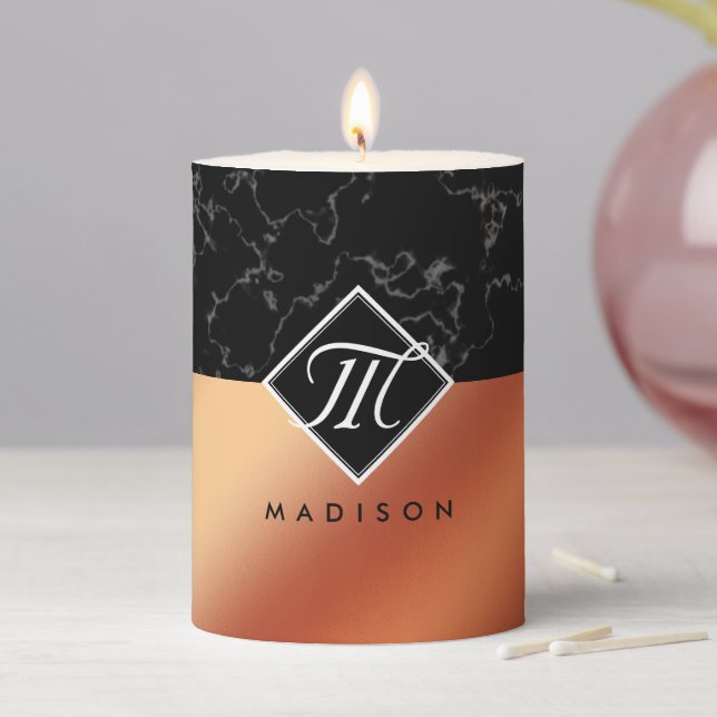 Elegant Black Marble & Bronze Foil Monogram Pillar Candle (In Situ)