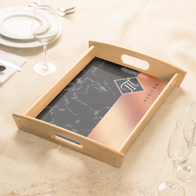 Elegant Black Marble & Bronze Foil Monogram Serving Tray (Front)