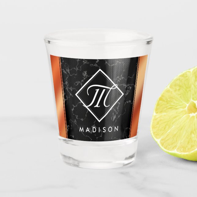 Elegant Black Marble & Bronze Foil Monogram Shot Glass (Front)