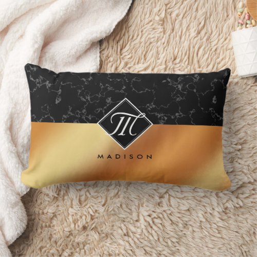 Elegant Black Marble  Copper Foil Monogram Lumbar Pillow