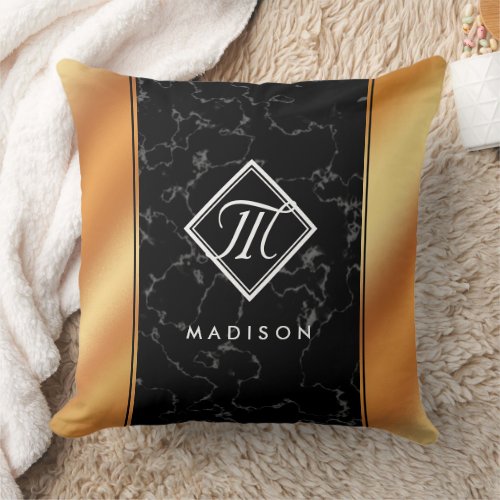 Elegant Black Marble  Copper Foil Monogram Throw Pillow
