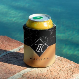 Elegant Black Marble & Copper Foil Script Monogram Can Cooler