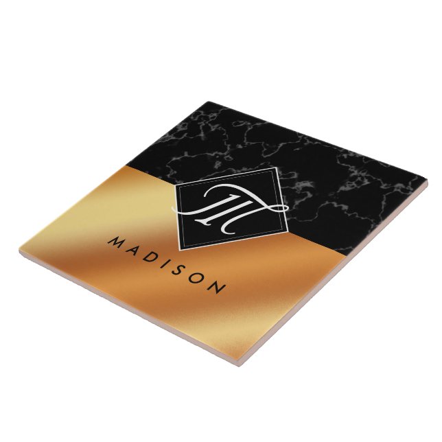 Elegant Black Marble & Copper Foil Script Monogram Ceramic Tile (Side)