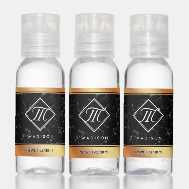 Elegant Black Marble & Copper Foil Script Monogram Hand Sanitizer (Set)