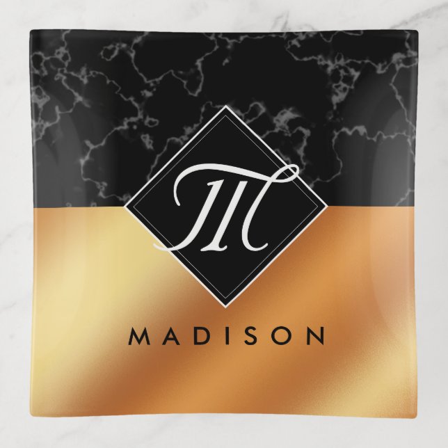 Elegant Black Marble & Copper Foil Script Monogram Trinket Tray (Front)