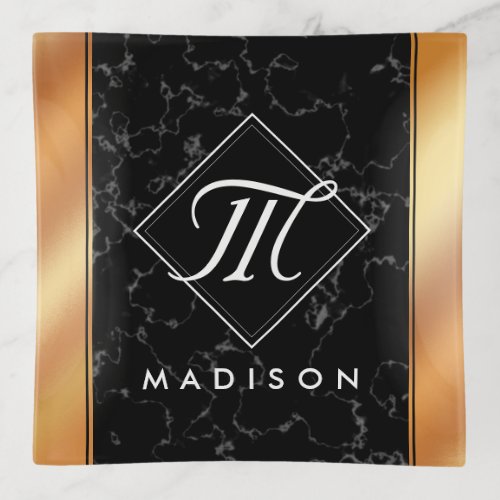 Elegant Black Marble  Copper Foil Script Monogram Trinket Tray