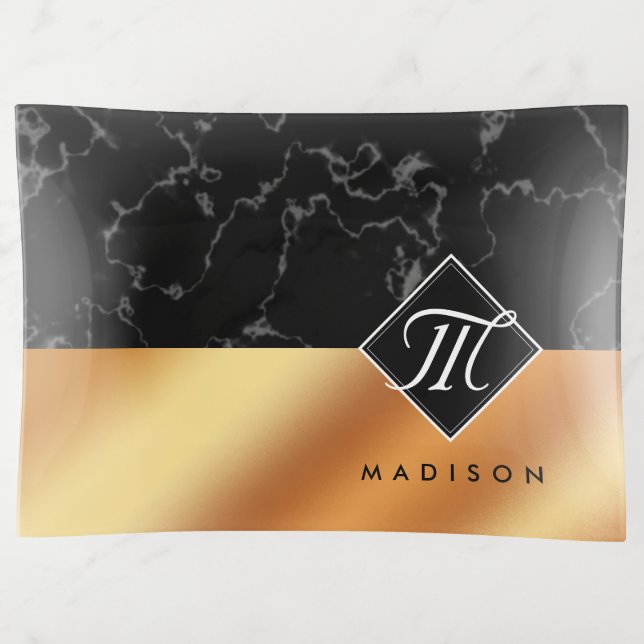 Elegant Black Marble & Copper Foil Script Monogram Trinket Tray (Front)