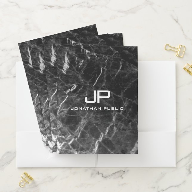 Elegant Black Marble Custom Monogram Initial Pocket Folder (In Situ)