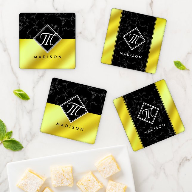 Elegant Black Marble & Gold / Brass Foil Monogram Coaster Set (In Situ)
