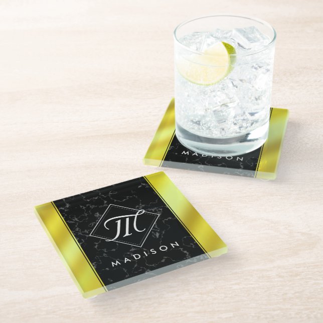 Elegant Black Marble & Gold / Brass Foil Monogram Glass Coaster (Angled)