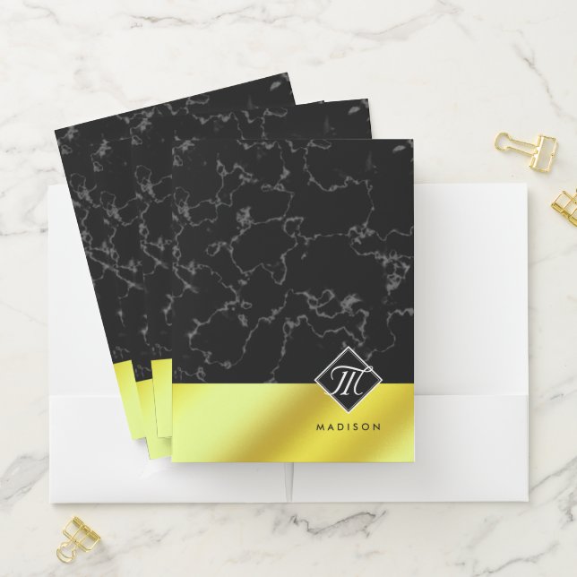 Elegant Black Marble & Gold / Brass Foil Monogram Pocket Folder (In Situ)