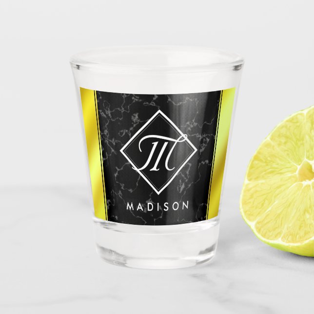 Elegant Black Marble & Gold / Brass Foil Monogram Shot Glass (Front)