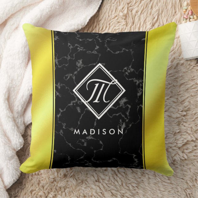 Elegant Black Marble & Gold / Brass Foil Monogram Throw Pillow (Blanket)