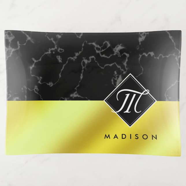 Elegant Black Marble & Gold / Brass Foil Monogram Trinket Tray (Front)