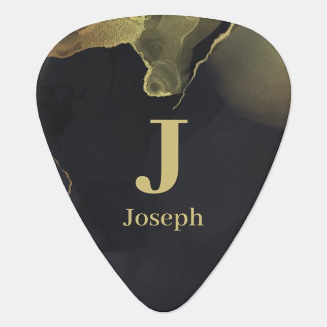 Elegant black marble gold custom Name + Monogram Guitar Pick (Front)