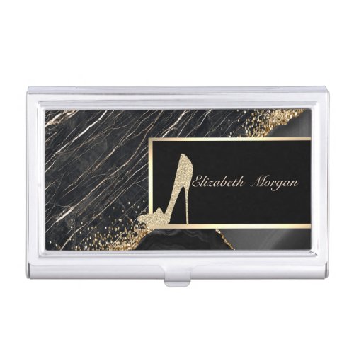 Elegant Black MarbleGold Glitter High Heels  Business Card Case