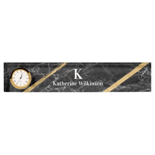 Elegant Black Marble Gold Monogram  Desk Name Plate