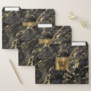 Elegant Black Marble Gold Monogram File Folder