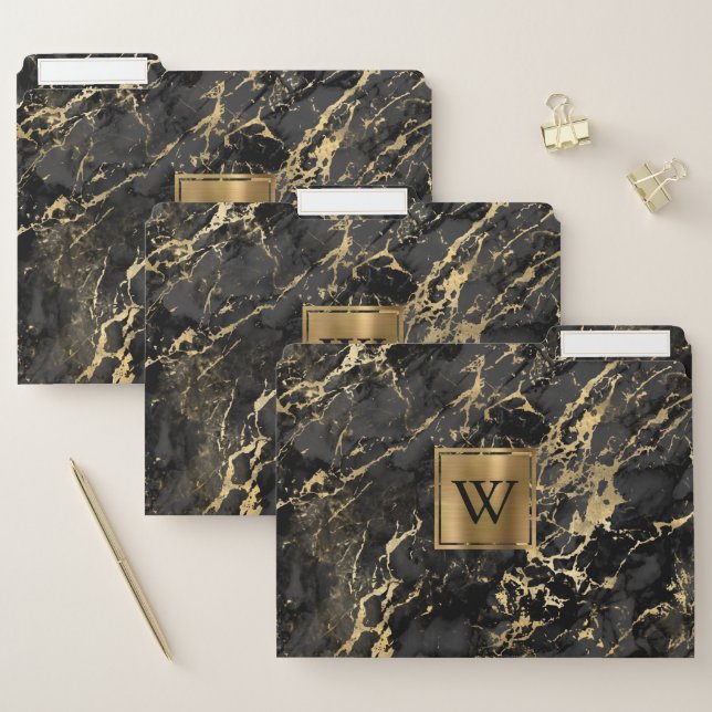 Elegant Black Marble Gold Monogram File Folder (Set)