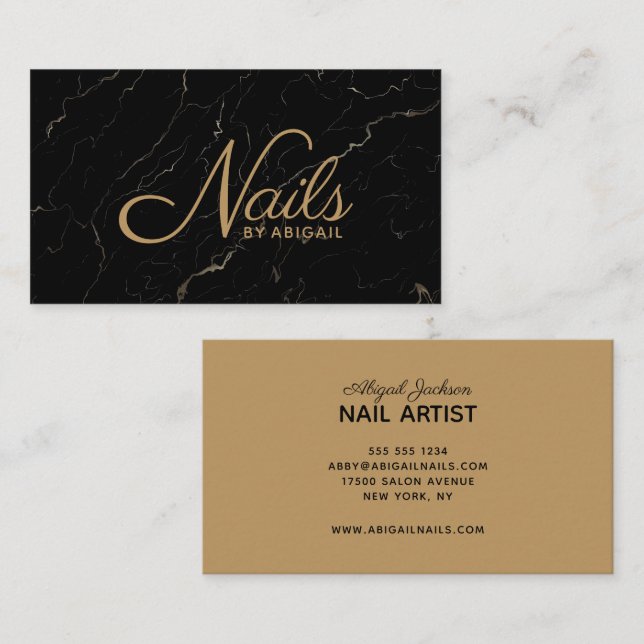 Elegant Black Marble Gold Nails By "Name" Business Business Card (Front/Back)
