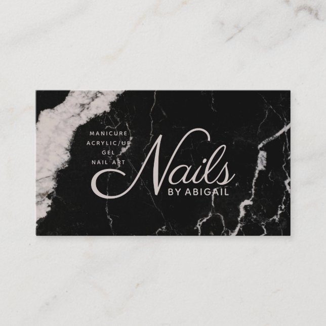 Elegant Black Marble Greige Nails By "Name" Business Card (Front)