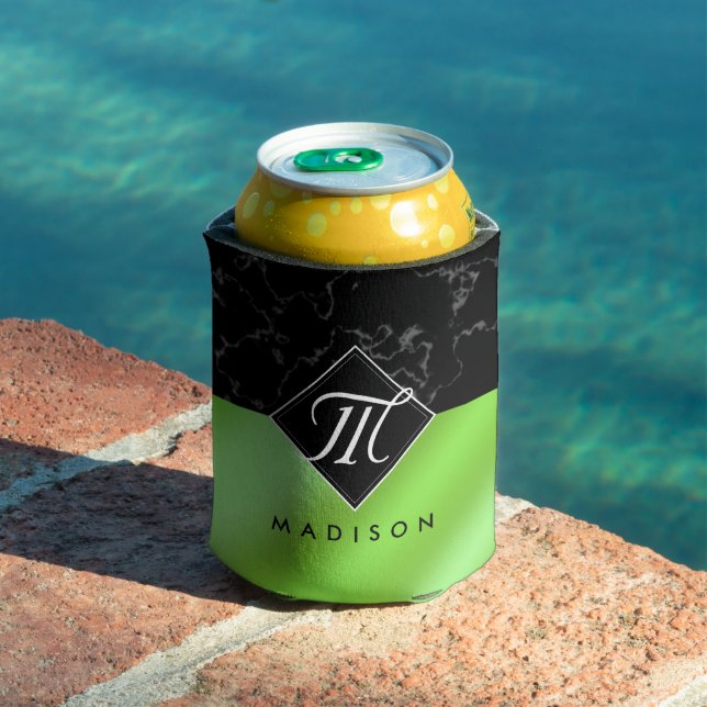 Elegant Black Marble & Lime Green Foil Monogram Can Cooler (In Situ Pool)