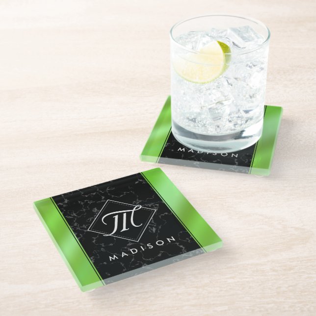 Elegant Black Marble & Lime Green Foil Monogram Glass Coaster (Angled)