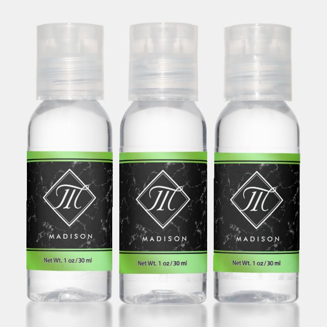 Elegant Black Marble & Lime Green Foil Monogram Hand Sanitizer (Set)