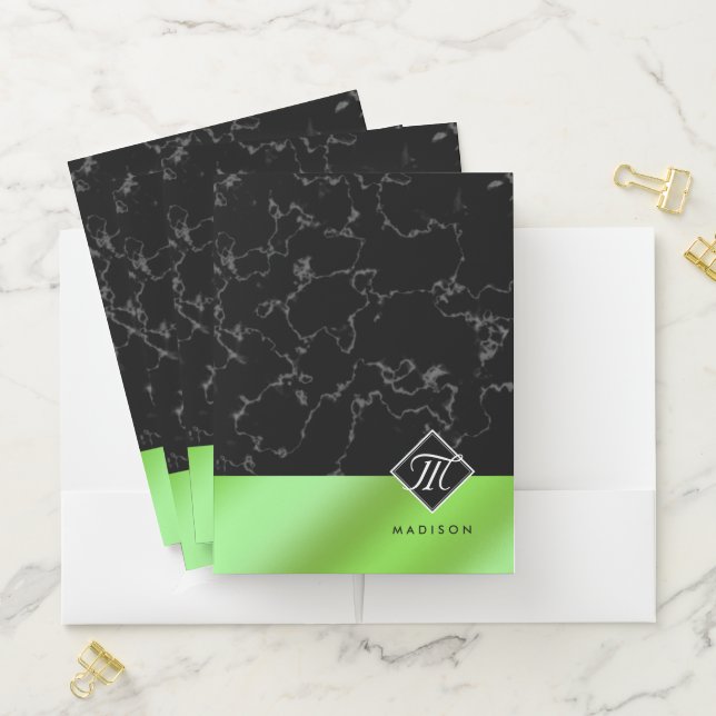 Elegant Black Marble & Lime Green Foil Monogram Pocket Folder (In Situ)