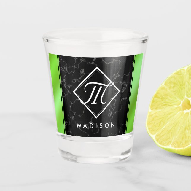 Elegant Black Marble & Lime Green Foil Monogram Shot Glass (Front)
