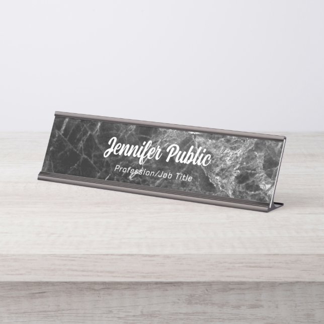 Elegant Black Marble Modern Typography Script Desk Name Plate (Front)
