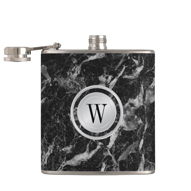 Elegant Black Marble Pattern with Custom Monogram Flask (Opened)