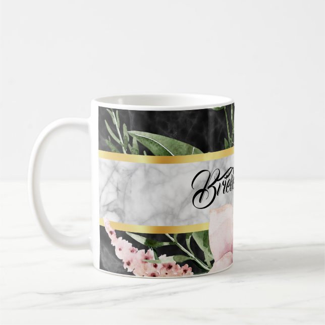 Elegant Black Marble Pink Floral With Name Coffee Mug (Left)