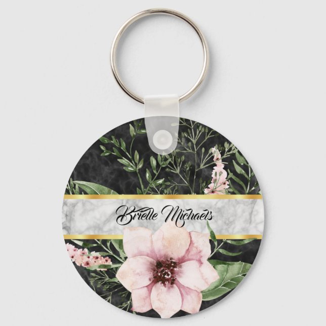 Elegant Black Marble Pink Floral With Name Keychain (Front)