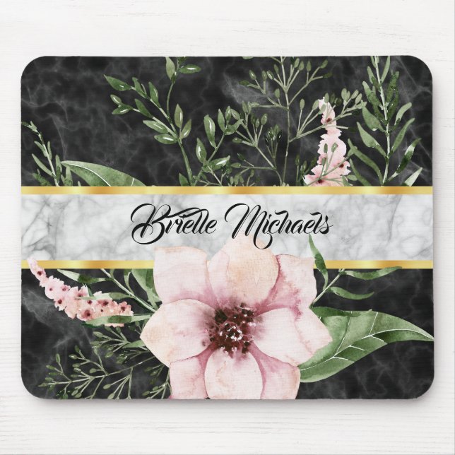 Elegant Black Marble Pink Floral With Name Mouse Pad (Front)