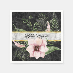 Elegant Black Marble Pink Floral With Name Napkins