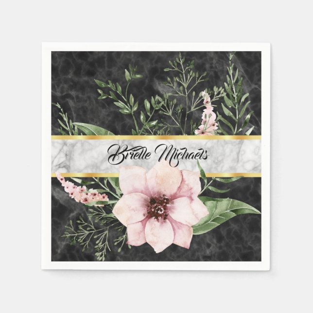 Elegant Black Marble Pink Floral With Name Napkins (Front)