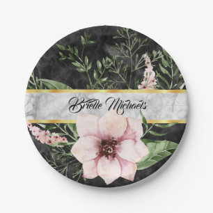 Elegant Black Marble Pink Floral With Name Paper Plates