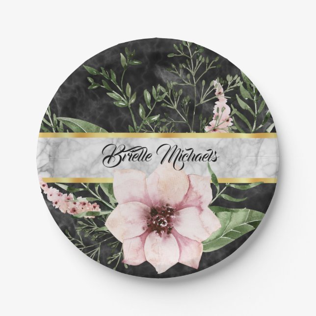 Elegant Black Marble Pink Floral With Name Paper Plates (Front)