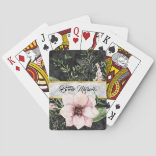 Elegant Black Marble Pink Floral With Name Poker Cards