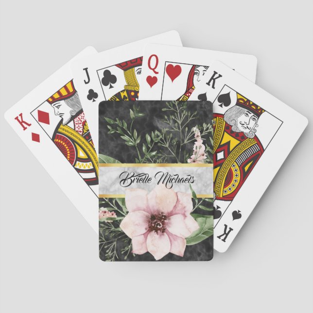 Elegant Black Marble Pink Floral With Name Poker Cards (Back)