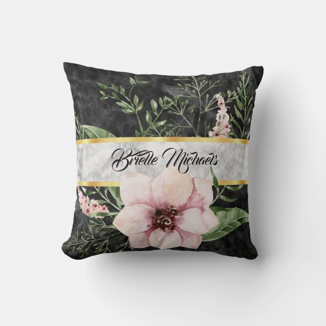 Elegant Black Marble Pink Floral With Name Throw Pillow (Front)